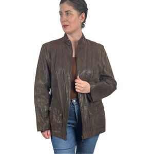 ALFANI BROWN SNAKESKIN LEATHER MOCK NECK ZIP UP JACKET